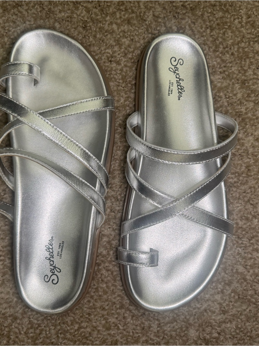 Seychelles Metallic Silver Cross-Strap Slide Sandals